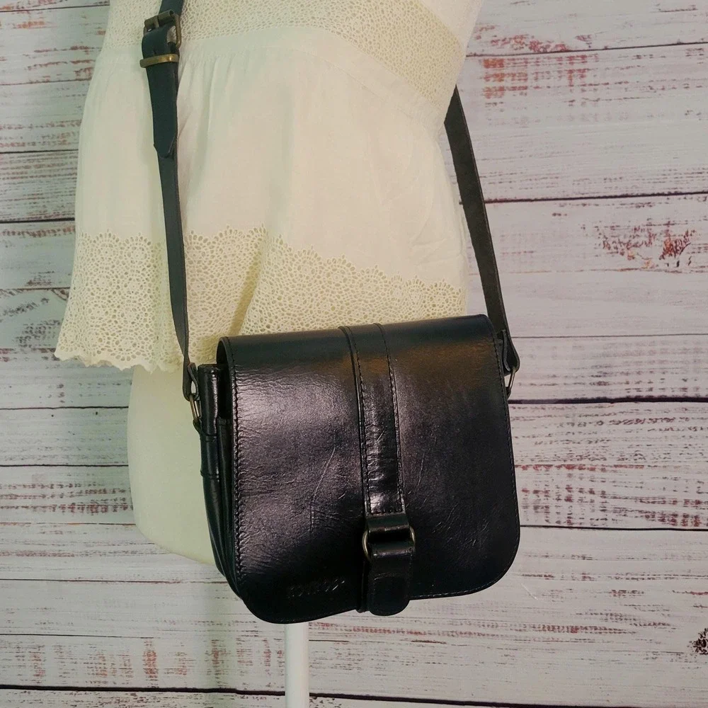 VTG Kouros Handmade Black Leather Crossbody Bag Genuine Greek Cowhide Leather